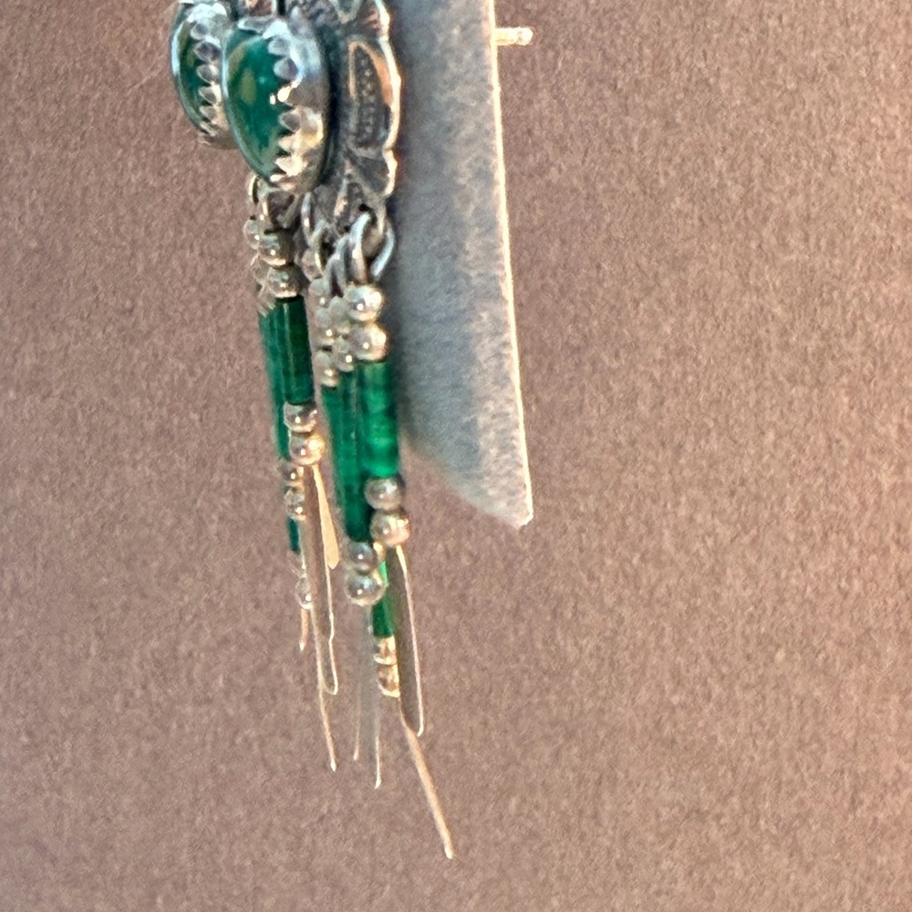 Vintage 925 Sterling Silver Malachite Heart Fringe Dangle Earrings Native Navajo - Picture 7 of 8